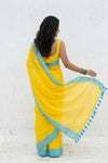 Mulmuli ~ Pure Handwoven Mul Cotton saree in Sunrise Yellow with Blue Border - verymuchindian.com