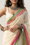 Mulmuli ~ Pure Handwoven Mul Cotton Saree in White with Pink & Green Border - verymuchindian.com