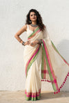 Mulmuli ~ Pure Handwoven Mul Cotton Saree in White with Pink & Green Border - verymuchindian.com