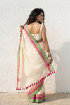 Mulmuli ~ Pure Handwoven Mul Cotton Saree in White with Pink & Green Border - verymuchindian.com