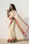 Mulmuli ~ Pure Handwoven Mul Cotton Saree in White with Pink & Green Border - verymuchindian.com