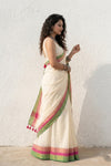 Mulmuli ~ Pure Handwoven Mul Cotton Saree in White with Pink & Green Border - verymuchindian.com