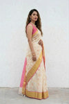 Mulmuli ~ Pure Handwoven Mul Cotton saree in White with Pink Pallu & Golden Border - verymuchindian.com