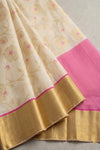 Mulmuli ~ Pure Handwoven Mul Cotton saree in White with Pink Pallu & Golden Border - verymuchindian.com