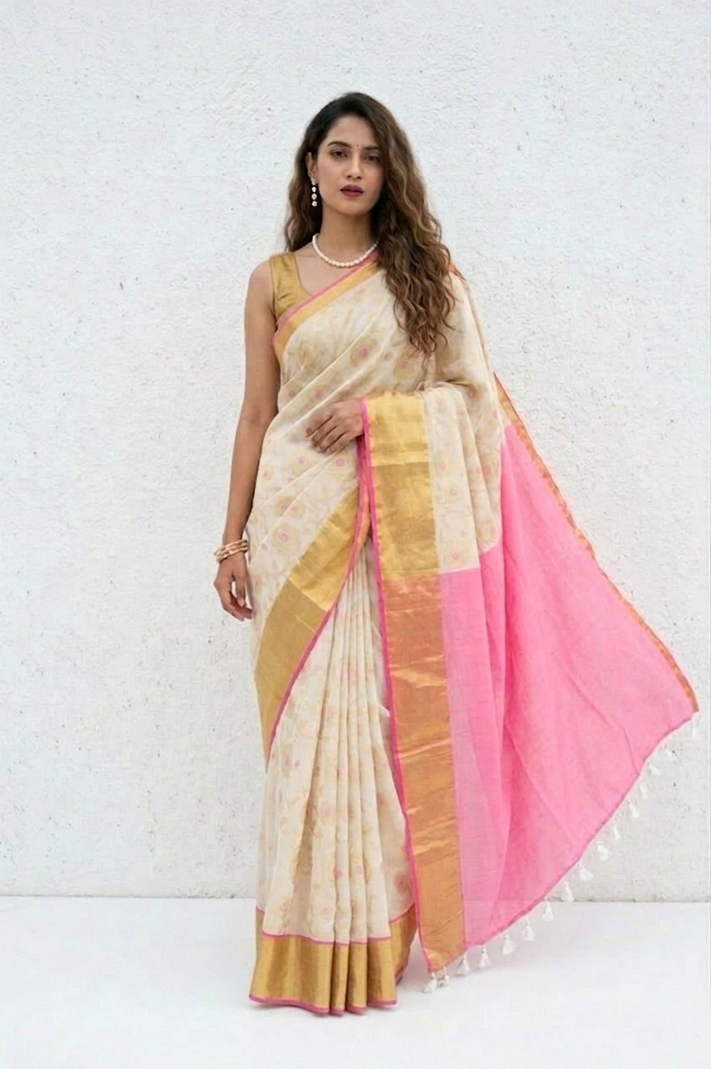Mulmuli ~ Pure Handwoven Mul Cotton saree in White with Pink Pallu & Golden Border - verymuchindian.com