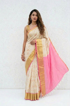 Mulmuli ~ Pure Handwoven Mul Cotton saree in White with Pink Pallu & Golden Border - verymuchindian.com