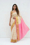 Mulmuli ~ Pure Handwoven Mul Cotton saree in White with Pink Pallu & Golden Border - verymuchindian.com