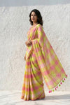 Mulmuli ~ Pure Handwoven Mul Cotton saree in Yellow Pink Checks - verymuchindian.com