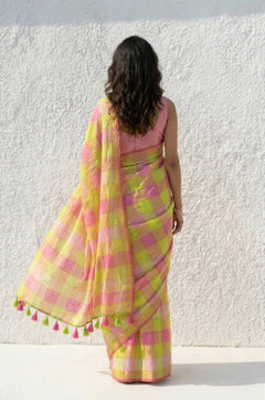 Mulmuli ~ Pure Handwoven Mul Cotton saree in Yellow Pink Checks - verymuchindian.com