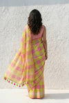 Mulmuli ~ Pure Handwoven Mul Cotton saree in Yellow Pink Checks - verymuchindian.com
