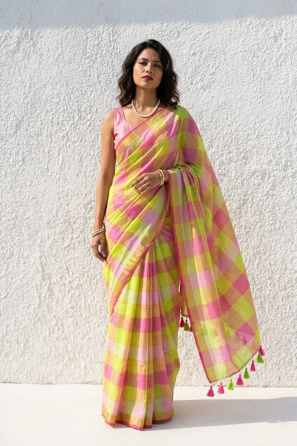Mulmuli ~ Pure Handwoven Mul Cotton saree in Yellow Pink Checks - verymuchindian.com