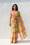 Mulmuli ~ Pure Handwoven Mul Cotton saree in Yellow Pink Checks - verymuchindian.com