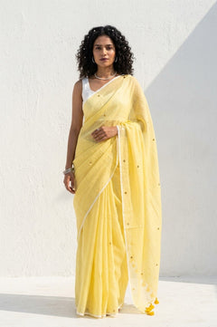 Mulmuli ~ Pure Handwoven Mul Cotton saree in Yellow with Sequin - verymuchindian.com