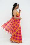 Mulmuli ~ Pure Handwoven Mul Cotton Saree with checks in Pink and Orange - verymuchindian.com