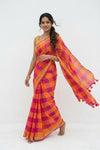 Mulmuli ~ Pure Handwoven Mul Cotton Saree with checks in Pink and Orange - verymuchindian.com