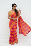 Mulmuli ~ Pure Handwoven Mul Cotton Saree with checks in Pink and Orange - verymuchindian.com