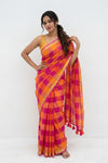 Mulmuli ~ Pure Handwoven Mul Cotton Saree with checks in Pink and Orange - verymuchindian.com