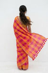 Mulmuli ~ Pure Handwoven Mul Cotton Saree with checks in Pink and Orange - verymuchindian.com