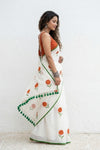 Mulmuli ~ Pure Handwoven Mul Cotton Saree with Handpainted in White - verymuchindian.com
