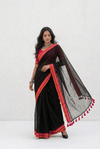 Mulmuli ~ Pure Handwoven Mul saree In Midnigt Black with Sunset Border - verymuchindian.com