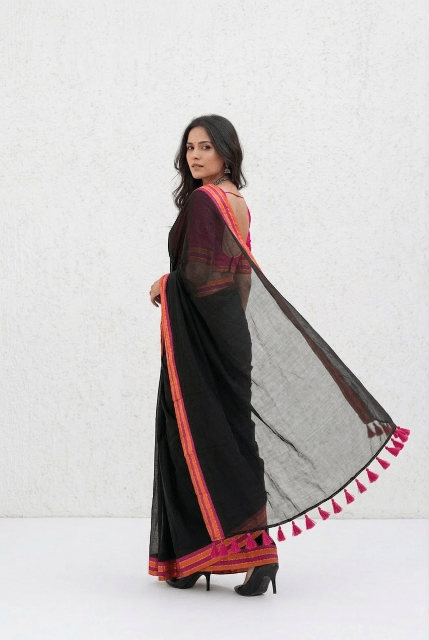 Mulmuli ~ Pure Handwoven Mul saree In Midnigt Black with Sunset Border - verymuchindian.com