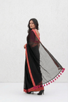 Mulmuli ~ Pure Handwoven Mul saree In Midnigt Black with Sunset Border - verymuchindian.com
