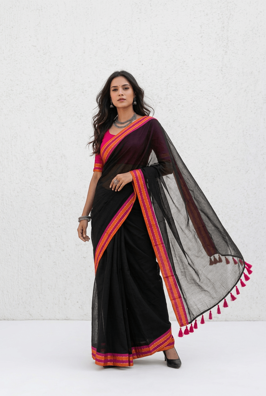 Mulmuli ~ Pure Handwoven Mul saree In Midnigt Black with Sunset Border - verymuchindian.com