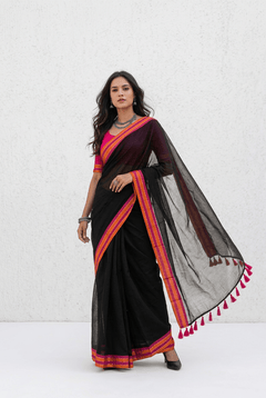 Mulmuli ~ Pure Handwoven Mul saree In Midnigt Black with Sunset Border - verymuchindian.com