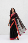 Mulmuli ~ Pure Handwoven Mul saree In Midnigt Black with Sunset Border - verymuchindian.com