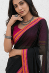 Mulmuli ~ Pure Handwoven Mul saree In Midnigt Black with Sunset Border - verymuchindian.com