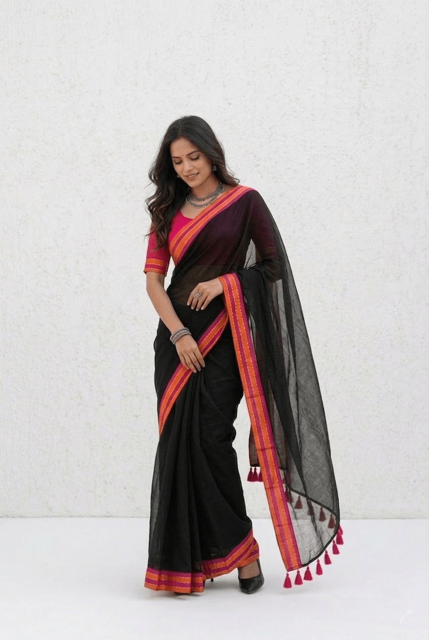 Mulmuli ~ Pure Handwoven Mul saree In Midnigt Black with Sunset Border - verymuchindian.com