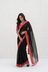 Mulmuli ~ Pure Handwoven Mul saree In Midnigt Black with Sunset Border - verymuchindian.com