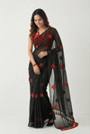 Mulmuli ~ Pure Handwoven Mul saree with Embroidered Floral Motifs In Black - verymuchindian.com