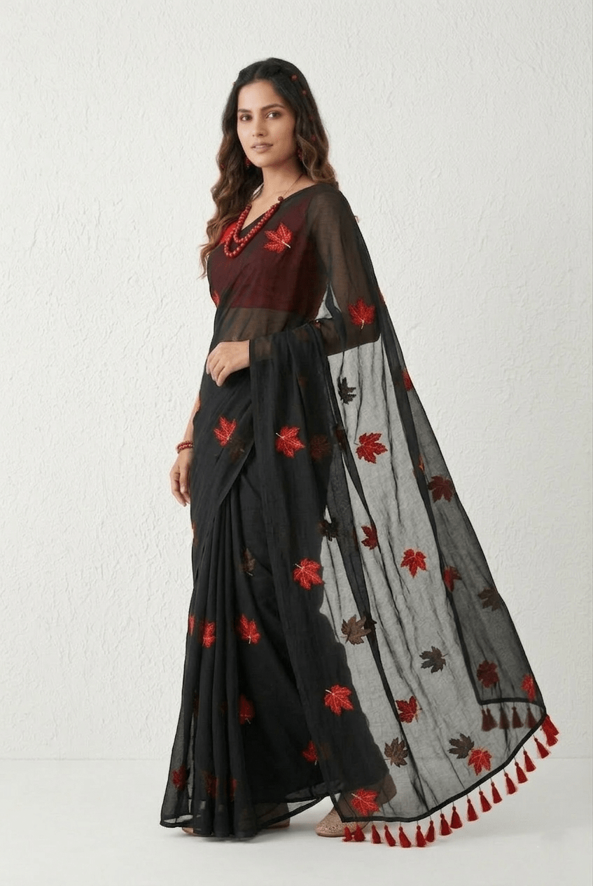 Mulmuli ~ Pure Handwoven Mul saree with Embroidered Floral Motifs In Black - verymuchindian.com