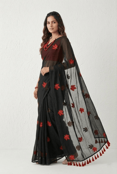 Mulmuli ~ Pure Handwoven Mul saree with Embroidered Floral Motifs In Black - verymuchindian.com