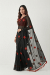 Mulmuli ~ Pure Handwoven Mul saree with Embroidered Floral Motifs In Black - verymuchindian.com