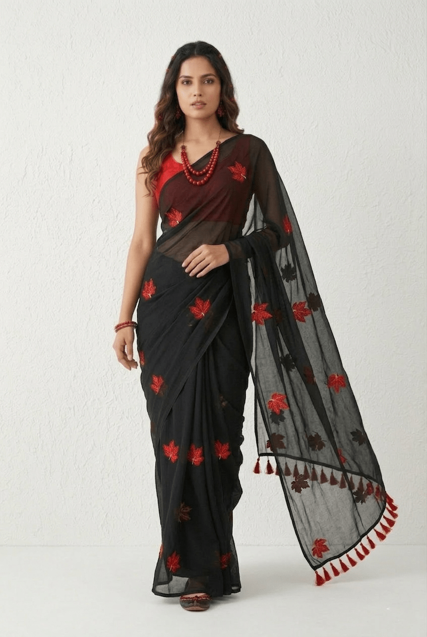 Mulmuli ~ Pure Handwoven Mul saree with Embroidered Floral Motifs In Black - verymuchindian.com
