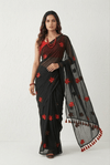 Mulmuli ~ Pure Handwoven Mul saree with Embroidered Floral Motifs In Black - verymuchindian.com