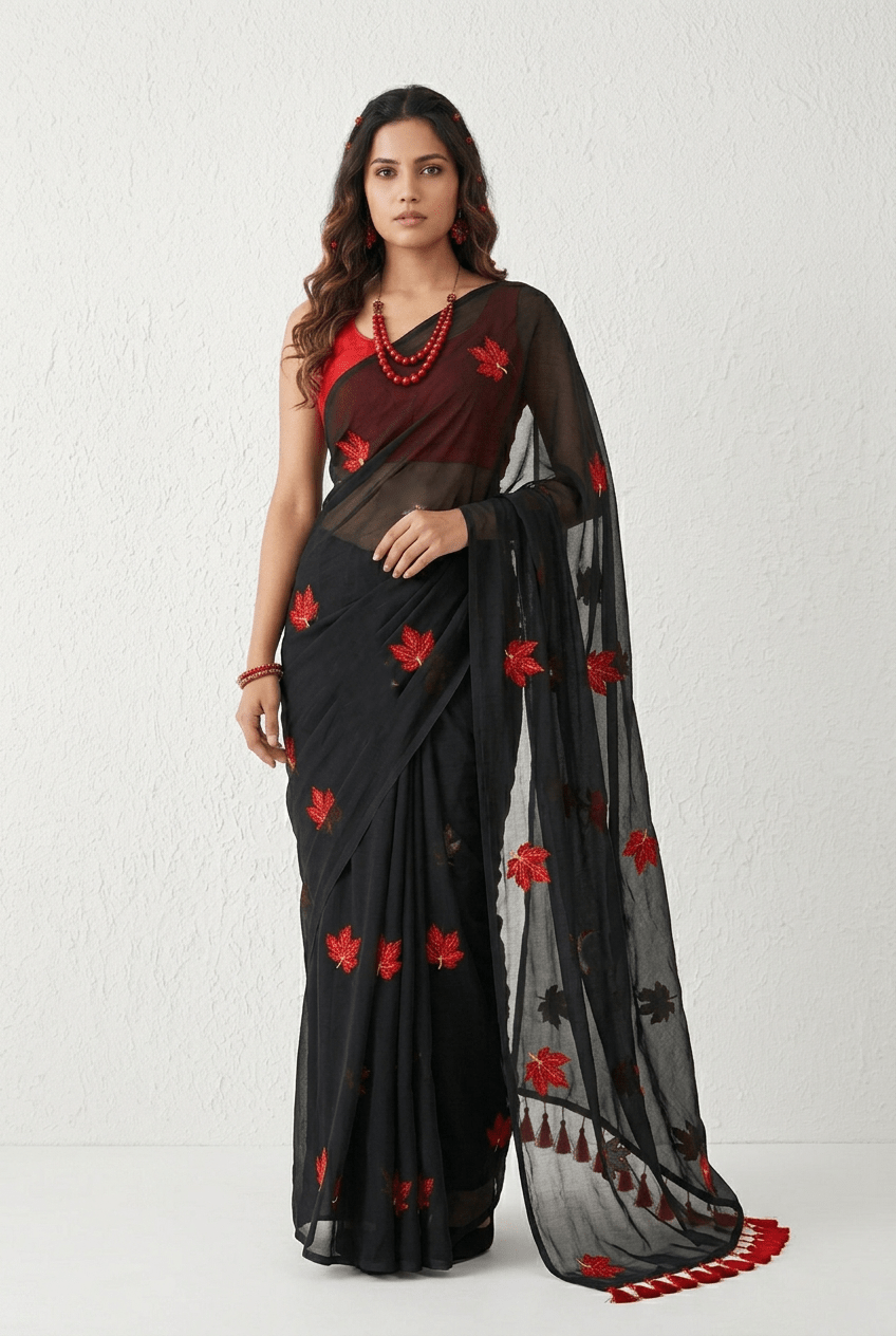 Mulmuli ~ Pure Handwoven Mul saree with Embroidered Floral Motifs In Black - verymuchindian.com