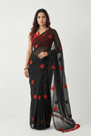 Mulmuli ~ Pure Handwoven Mul saree with Embroidered Floral Motifs In Black - verymuchindian.com