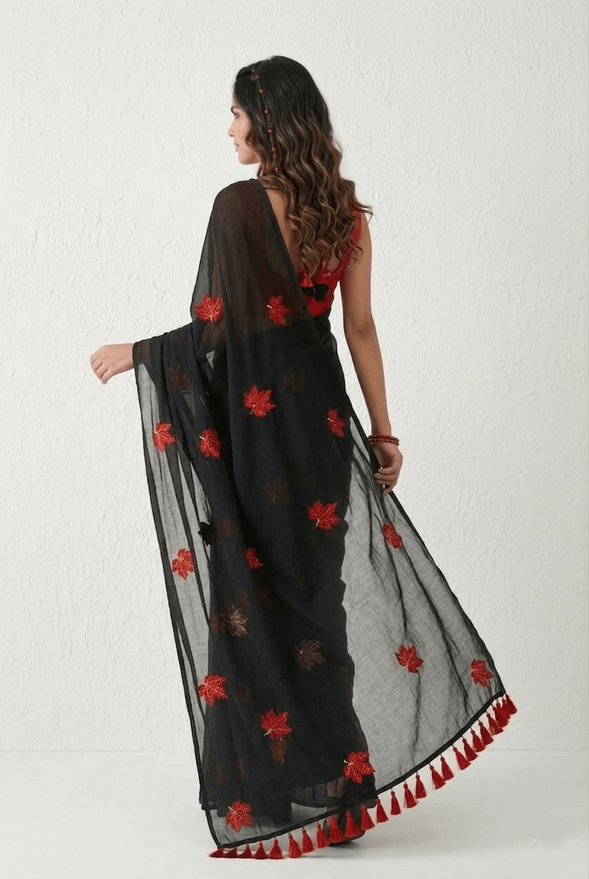 Mulmuli ~ Pure Handwoven Mul saree with Embroidered Floral Motifs In Black - verymuchindian.com