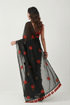 Mulmuli ~ Pure Handwoven Mul saree with Embroidered Floral Motifs In Black - verymuchindian.com