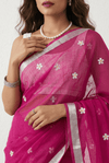 Mulmuli ~ Pure Handwoven Mul saree with Embroidered Floral Motifs In Magenta Pink - verymuchindian.com