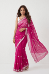 Mulmuli ~ Pure Handwoven Mul saree with Embroidered Floral Motifs In Magenta Pink - verymuchindian.com