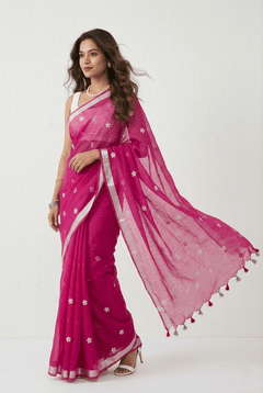 Mulmuli ~ Pure Handwoven Mul saree with Embroidered Floral Motifs In Magenta Pink - verymuchindian.com