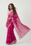 Mulmuli ~ Pure Handwoven Mul saree with Embroidered Floral Motifs In Magenta Pink - verymuchindian.com