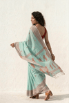 Mulmuli ~ Pure Malai Cotton Handloom Saree with Embroidery in Sea Blue - verymuchindian.com