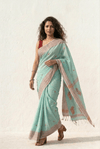 Mulmuli ~ Pure Malai Cotton Handloom Saree with Embroidery in Sea Blue - verymuchindian.com
