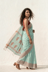 Mulmuli ~ Pure Malai Cotton Handloom Saree with Embroidery in Sea Blue - verymuchindian.com
