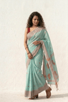 Mulmuli ~ Pure Malai Cotton Handloom Saree with Embroidery in Sea Blue - verymuchindian.com